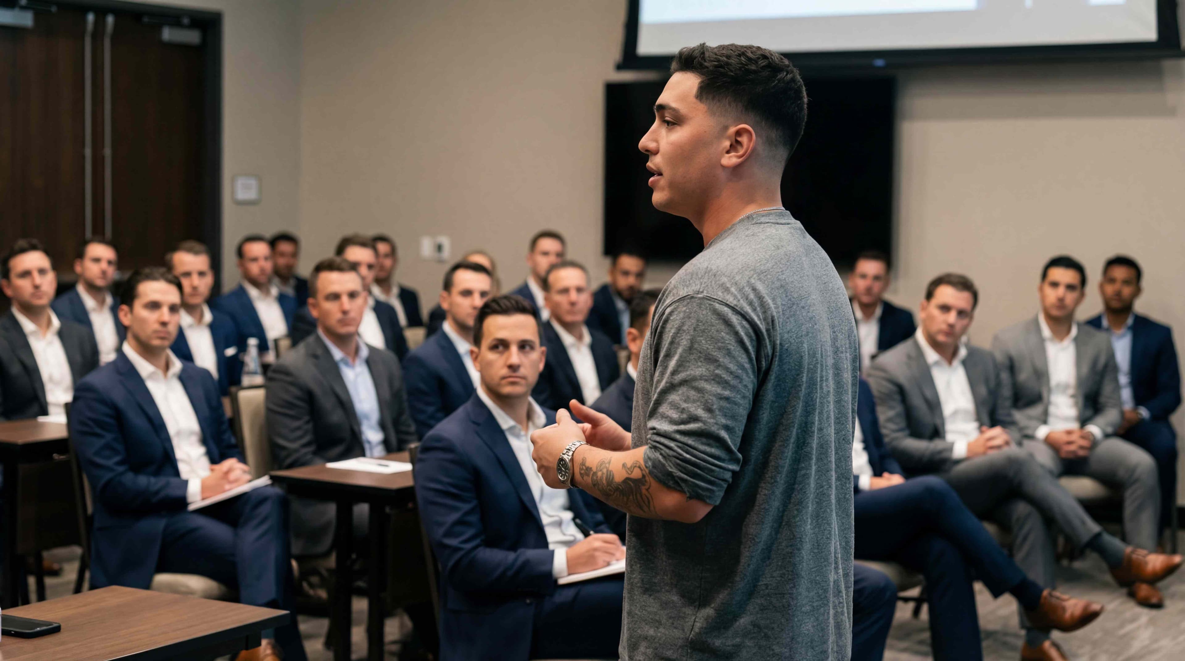 Rey Sierra presenting to a conference room of sales professionals