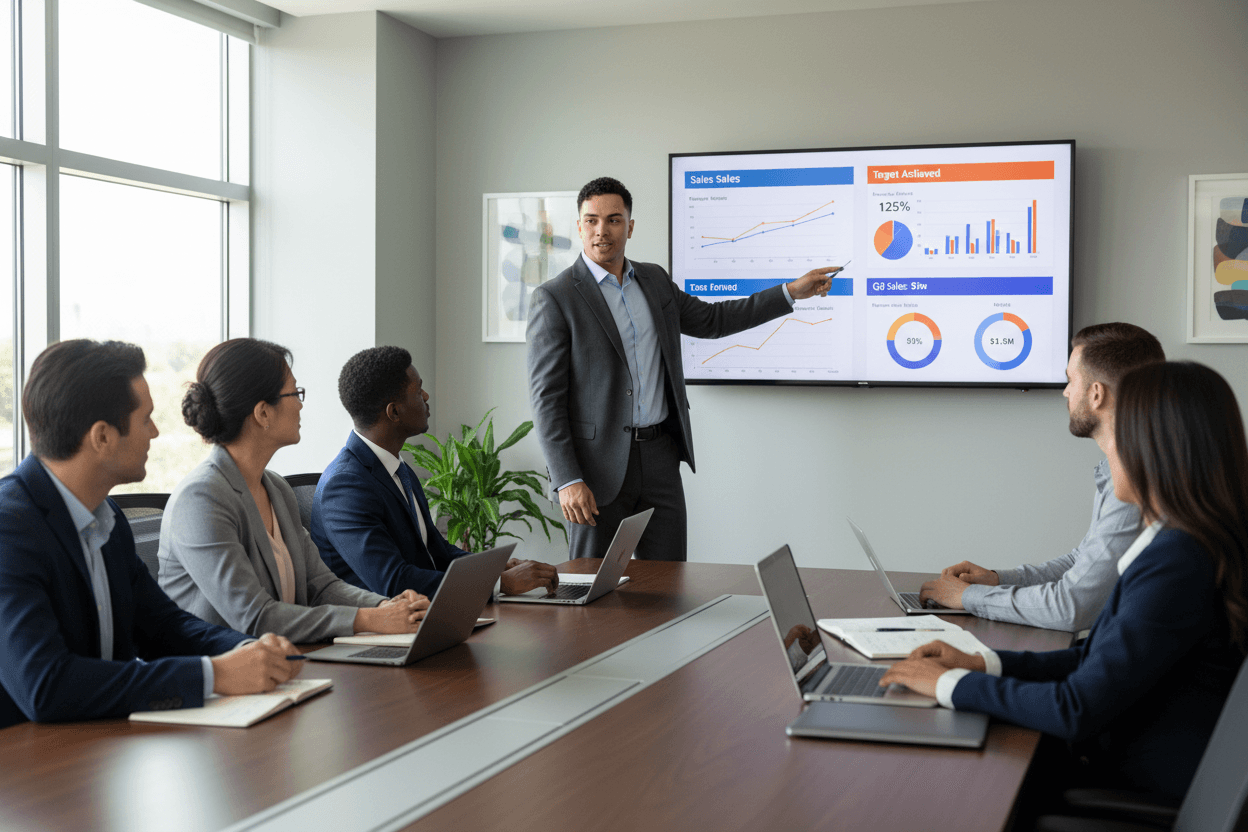 Professional sales team in a boardroom reviewing performance data